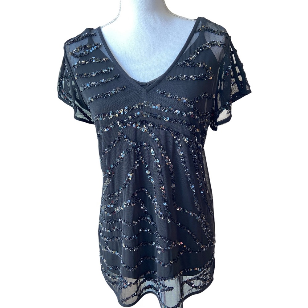 WHBM Black Sequins V Neck Top